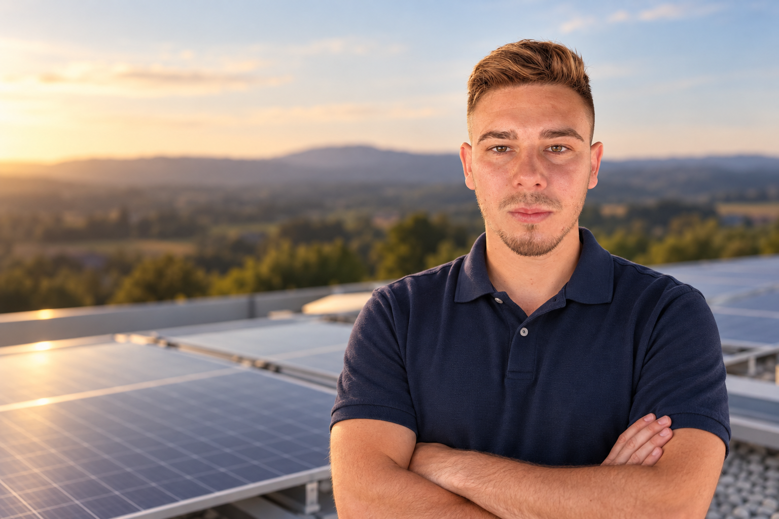 Ritratto ambientato di Catalin Bartic a braccia incrociate, con un impianto fotovoltaico sullo sfondo
